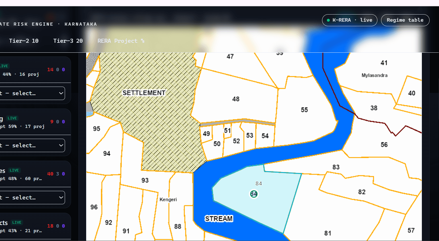 Cadastral map showing the project parcel against survey boundaries, a settlement area and a stream.
